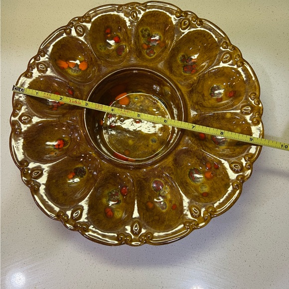 MCM Deviled Egg & Olive Dish Brown Orange Ceramic Dotted Glaze 1970s Holds 12 - Picture 7 of 8